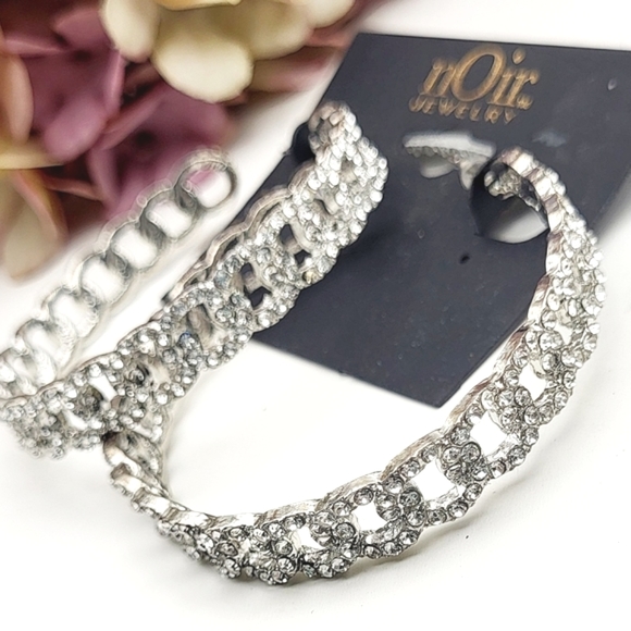 NWT nOir Jewelry large silver plated hoops inlaid rhinestones post earrings $128 - Picture 2 of 14